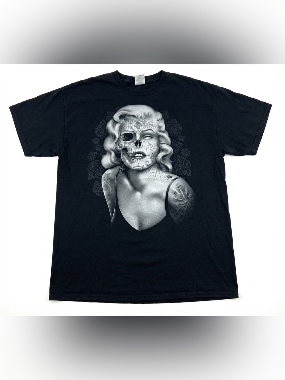 Vintage Marilyn Monroe Tattoo Art T-Shirt XL Sugar Skull Roses Day of the Dead
